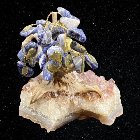 Gem Bonsai Tree on Amethyst Base Miniature Sodalite Stones 4”T 3.5”W - Picture 5 of 7